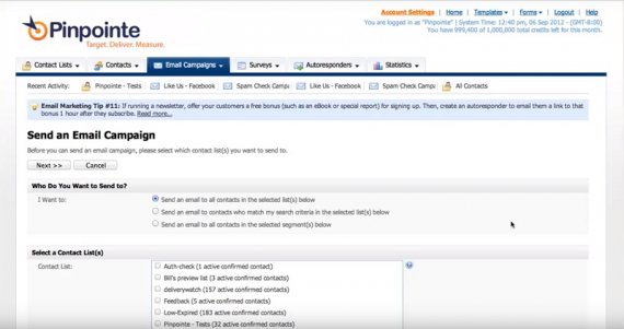 pinpointe email marketing screenshot send an email campaign